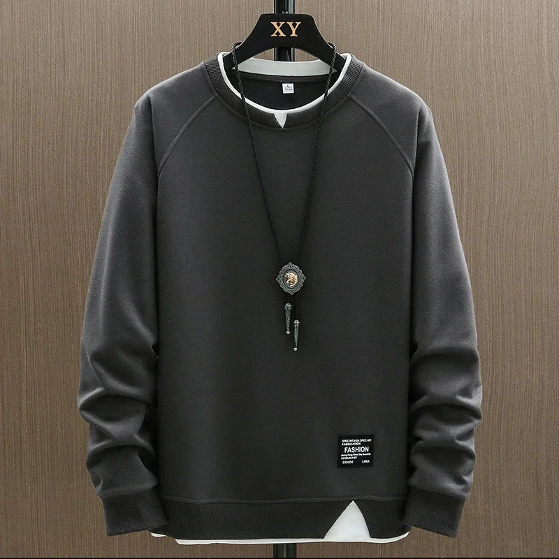 2025 New Mens Casual Sweatshirts Harajuku Solid Color Fashion Fake Two Pieces O-Neck Sweatshirt Hoodies Hip Hop Male Streetwear