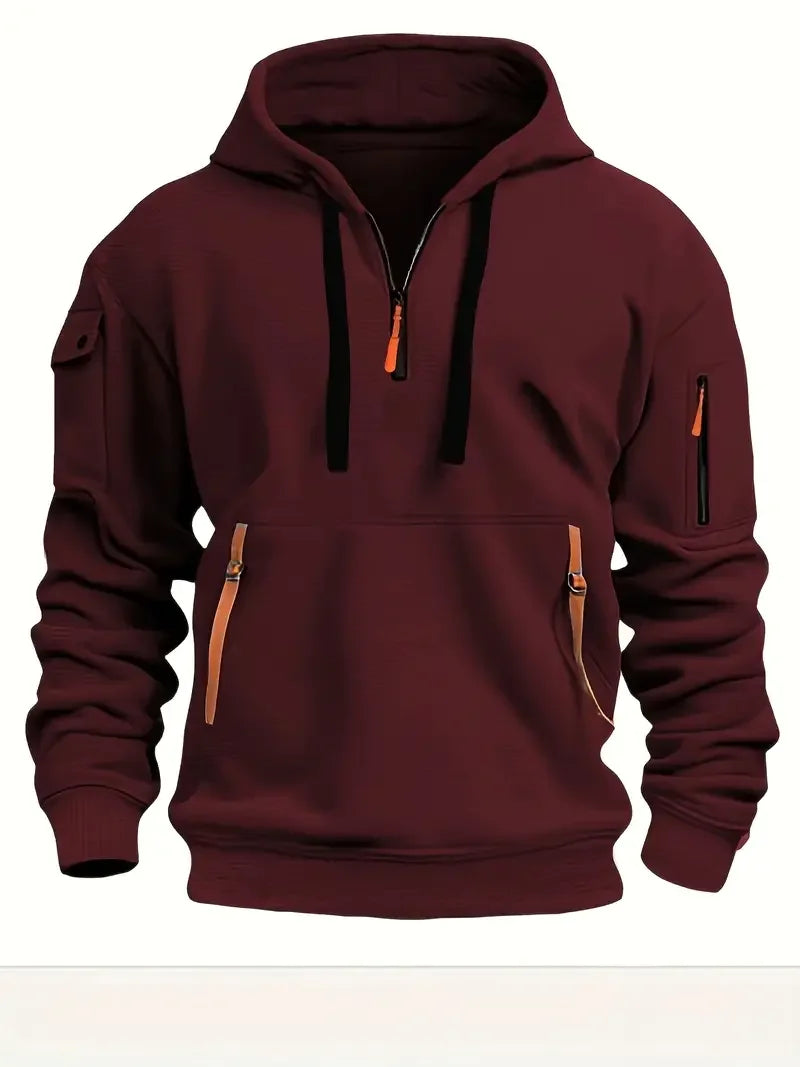 Men's Fashionable Hooded Sweatshirt with Multiple Pockets and Zippers, Casual Long Sleeved Pullover, Regular Fit, Solid Color Kn
