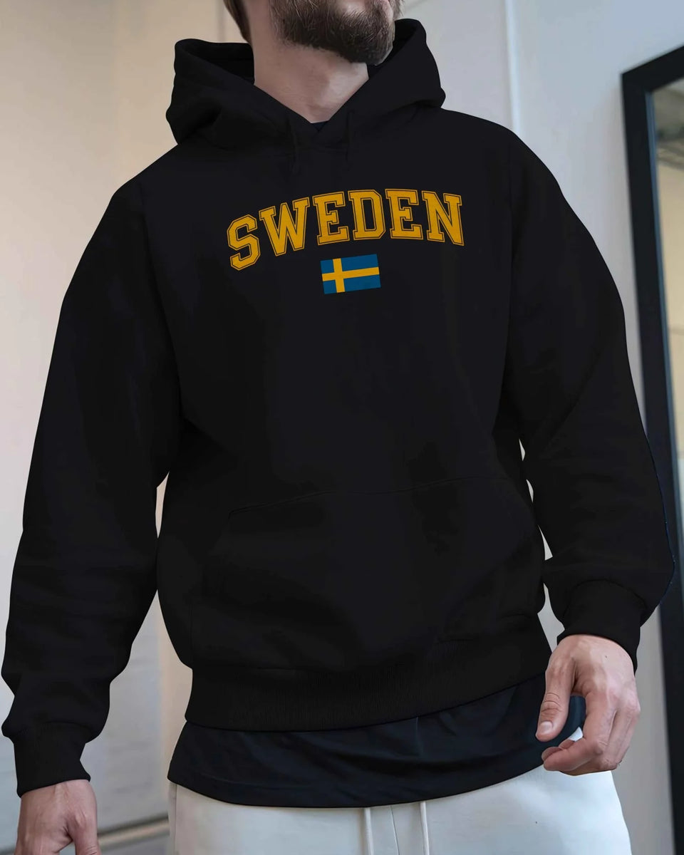 Men's Sweden Flag Graphic Hoodie - Black Velvet Fleece Sweatshirt with Yellow Lettering, Regular Fit Casual Winter Pullover