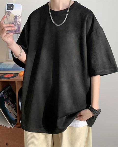 Men's Suede Short Sleeve T-shirt Vintage Loose T-shirts Women Casual Oversized T Shirt O Neck Retro Harajuku Tops Tees New 2023