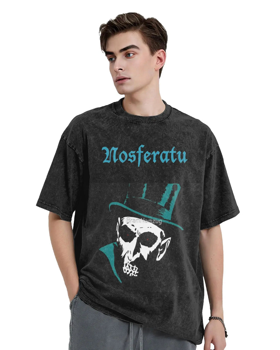 Nosferatu Meme   Washed T-Shirt Mens Horror Movie  Y2K Retro Casual T Shirts Summer O Neck Harajuku Tees Design Big Size Tops