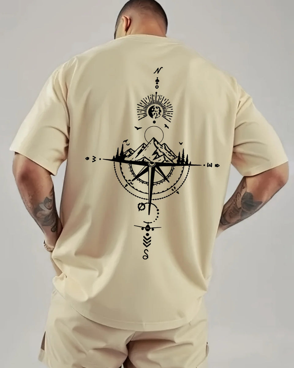 Summer men's 100% pure cotton casual sports loose oversized retro compass printed comfortable round neck short sleeved T-shirt