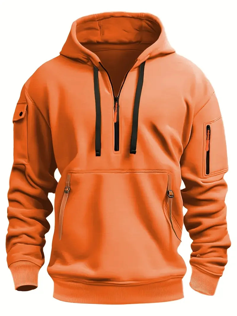 Men's Fashionable Hooded Sweatshirt with Multiple Pockets and Zippers, Casual Long Sleeved Pullover, Regular Fit, Solid Color Kn