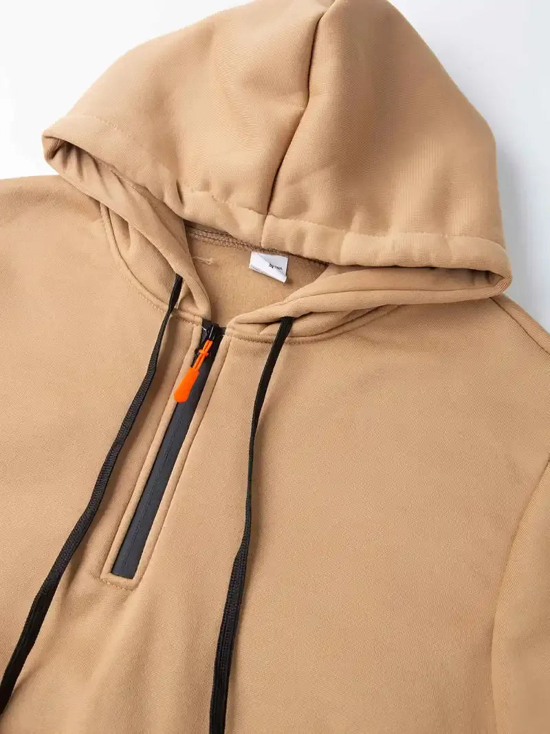 Men's Fashionable Hooded Sweatshirt with Multiple Pockets and Zippers, Casual Long Sleeved Pullover, Regular Fit, Solid Color Kn