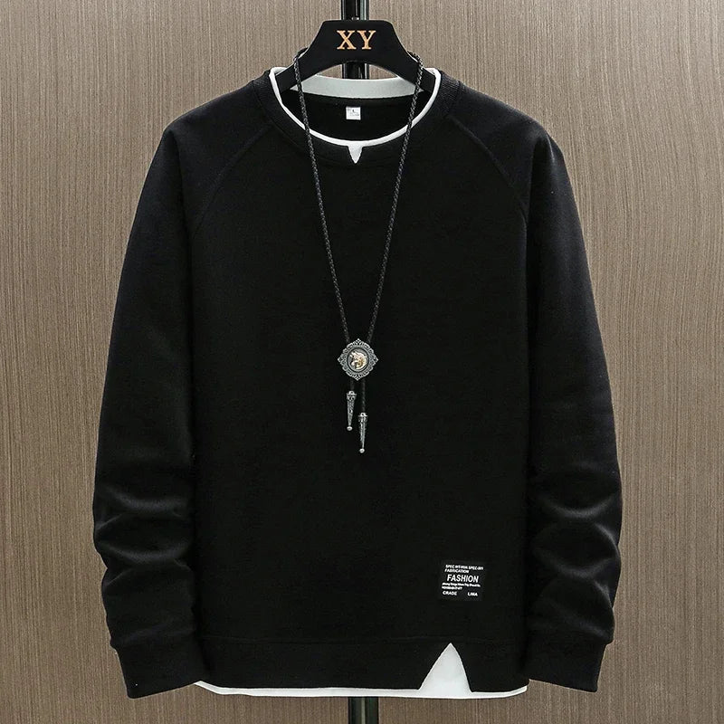 2025 New Mens Casual Sweatshirts Harajuku Solid Color Fashion Fake Two Pieces O-Neck Sweatshirt Hoodies Hip Hop Male Streetwear