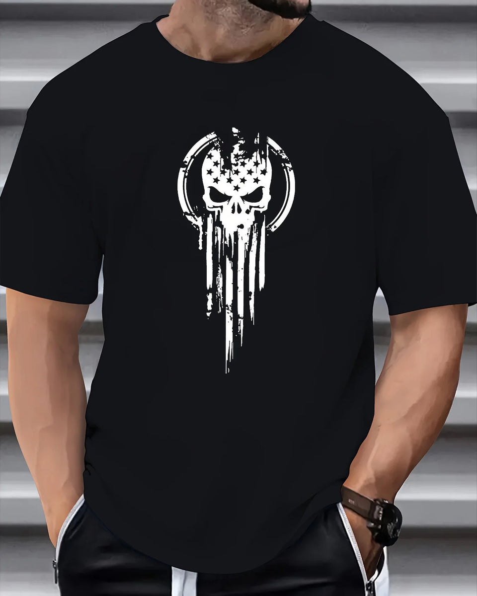 Men's 100% cotton summer fashion casual loose fit oversized Skull pattern printed sports round neck short sleeved T-shirt top