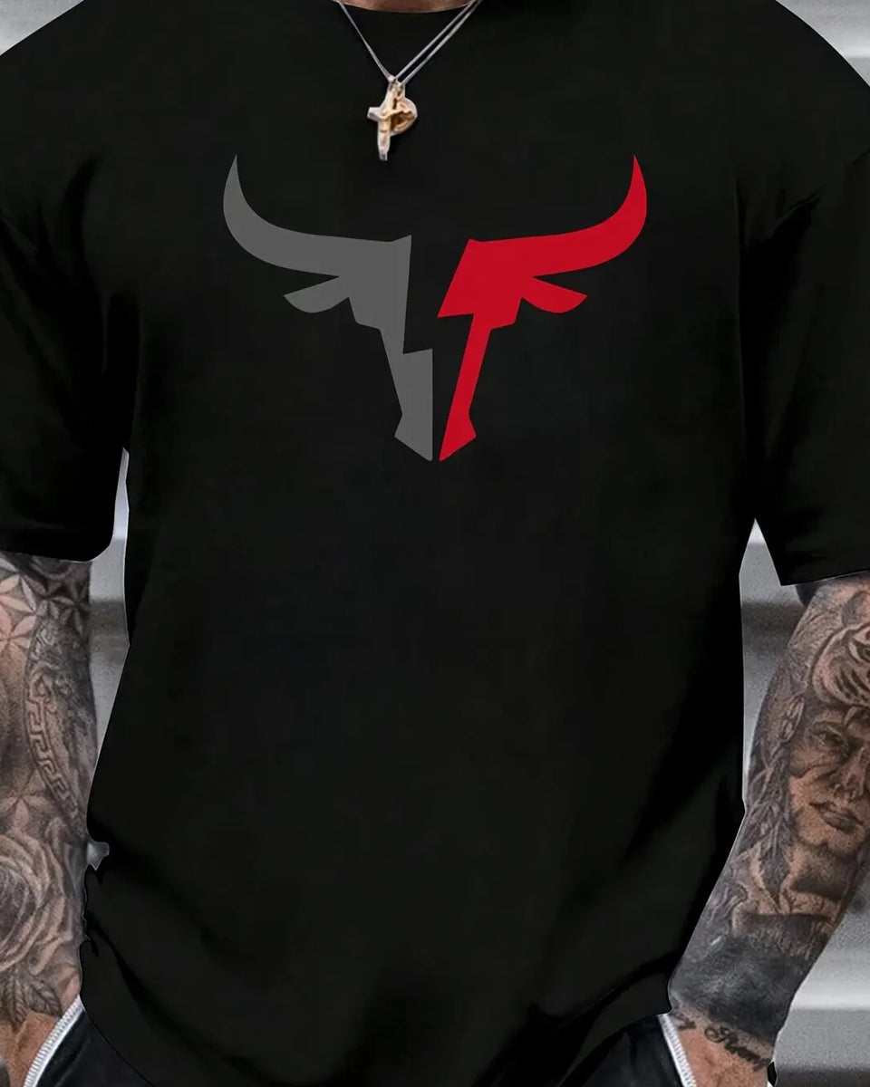 Summer men's 100% cotton comfortable casual loose fit plus size bull pattern print sports round neck short sleeved T-shirt top