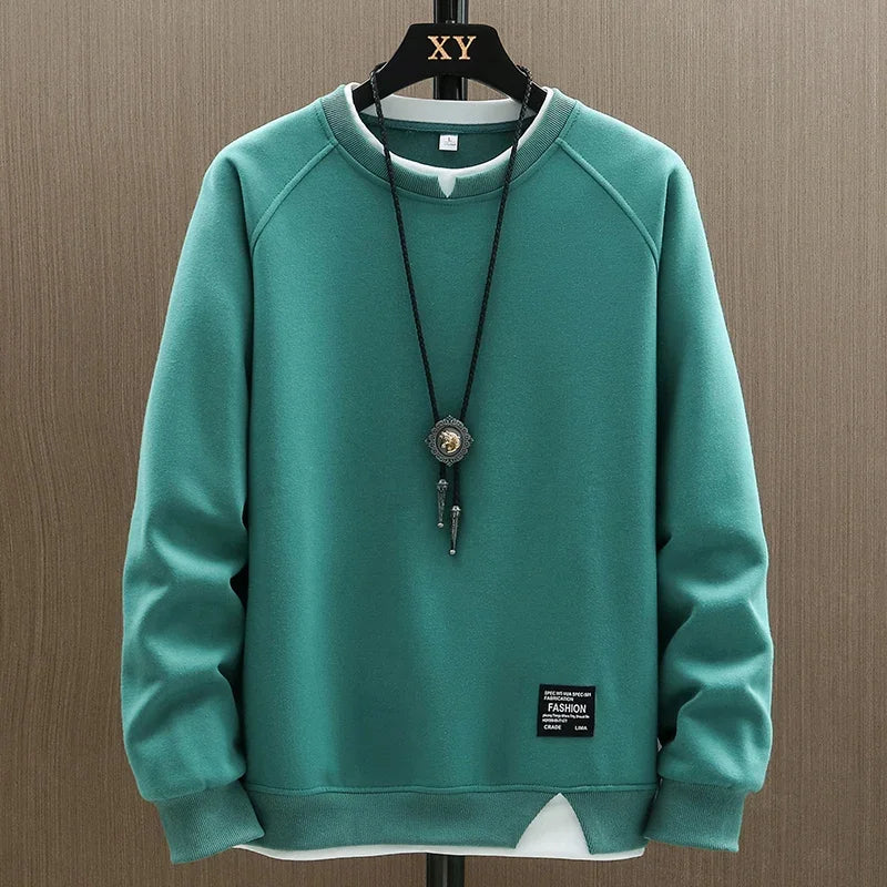 2025 New Mens Casual Sweatshirts Harajuku Solid Color Fashion Fake Two Pieces O-Neck Sweatshirt Hoodies Hip Hop Male Streetwear