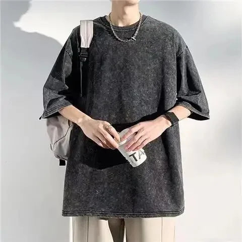 Trendy Cotton Oversize Short Sleeve T-Shirt For Men European And American Style Distressed Washing Heavy Duty Half Sleeve Top