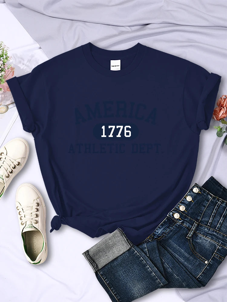 America 1776 Athletic Dept Letter T-Shirt Female Sport Casual Crop Top Cool Hip Hop Tee Shirt Soft Breathable T Shirt Women
