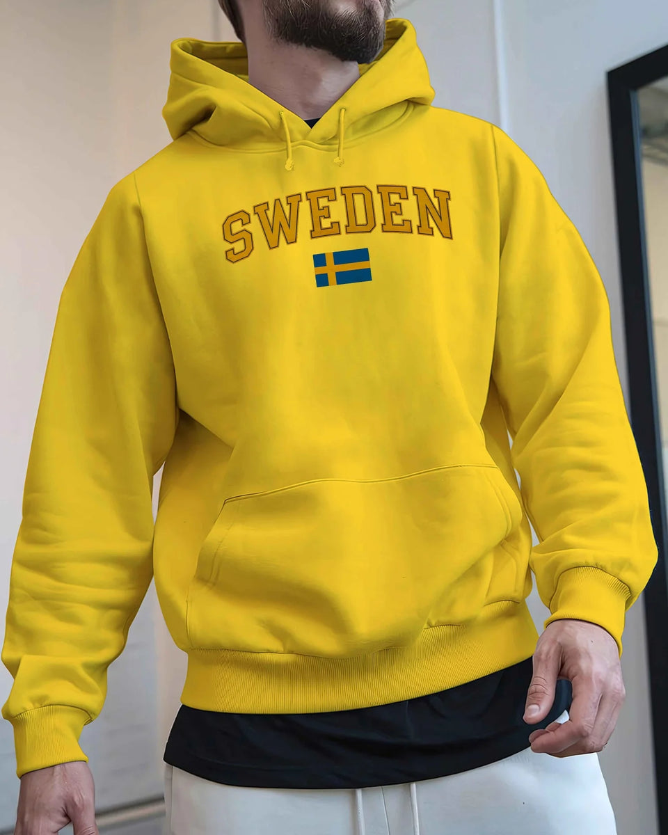 Men's Sweden Flag Graphic Hoodie - Black Velvet Fleece Sweatshirt with Yellow Lettering, Regular Fit Casual Winter Pullover