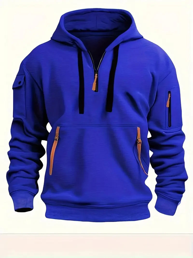 Men's Fashionable Hooded Sweatshirt with Multiple Pockets and Zippers, Casual Long Sleeved Pullover, Regular Fit, Solid Color Kn