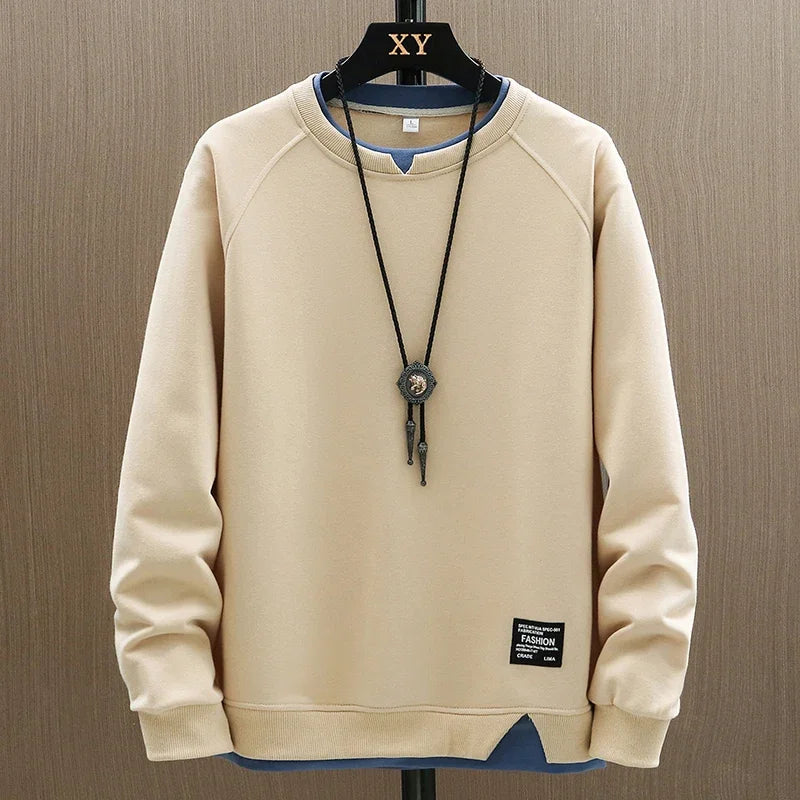2025 New Mens Casual Sweatshirts Harajuku Solid Color Fashion Fake Two Pieces O-Neck Sweatshirt Hoodies Hip Hop Male Streetwear