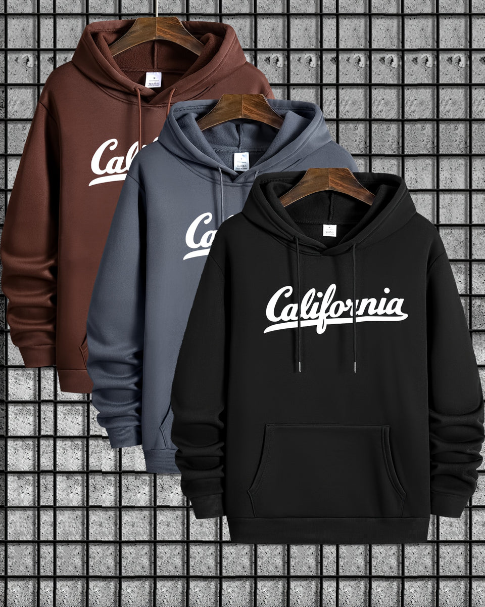 Print 3pcs Men's Fashion Hoodies With Kangaroo Pocket & Drawstring, Stylish Versatile Long Sleeve Hooded Sweatshirt, Loose Casual Top For Autumn Winter, Men's Clothing As Holiday Gifts