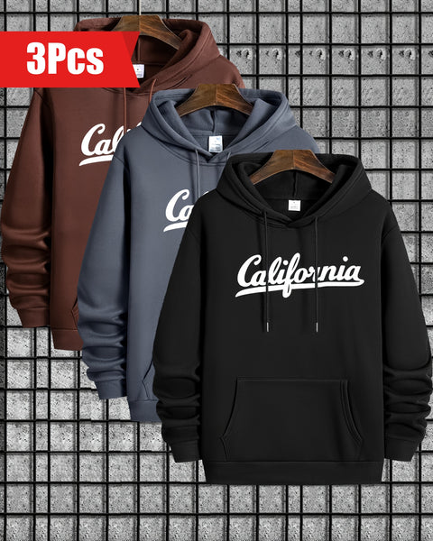 Print 3pcs Men's Fashion Hoodies With Kangaroo Pocket & Drawstring, Stylish Versatile Long Sleeve Hooded Sweatshirt, Loose Casual Top For Autumn Winter, Men's Clothing As Holiday Gifts