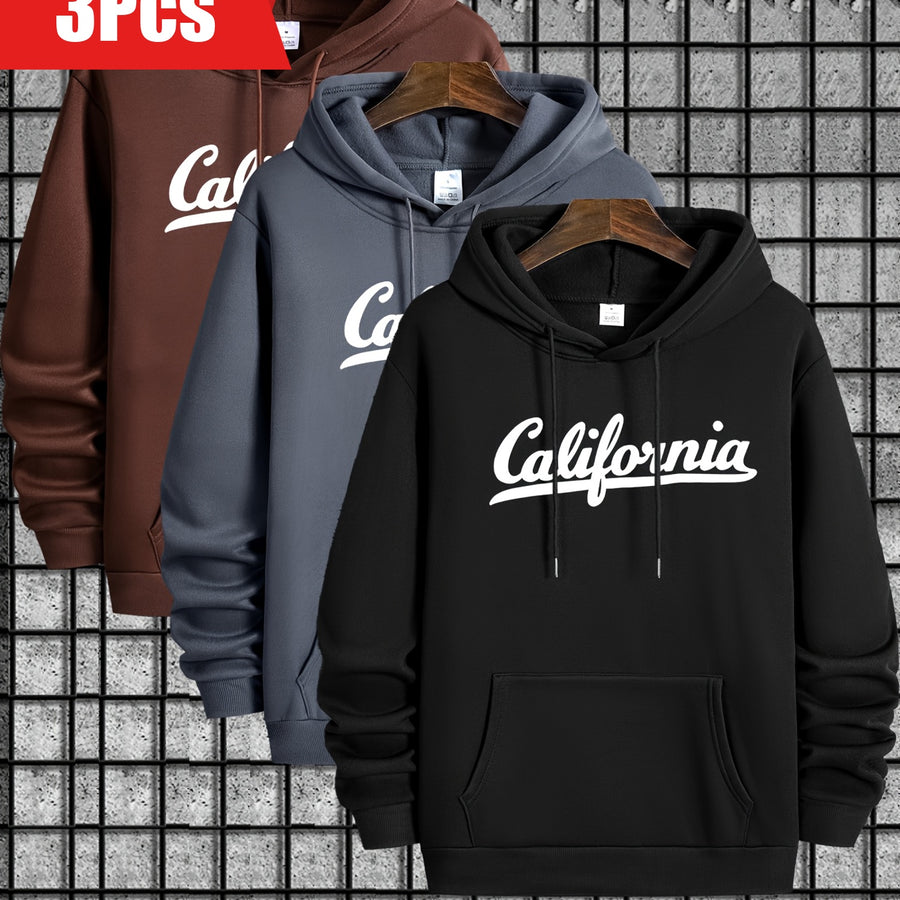 Print 3pcs Men's Fashion Hoodies With Kangaroo Pocket & Drawstring, Stylish Versatile Long Sleeve Hooded Sweatshirt, Loose Casual Top For Autumn Winter, Men's Clothing As Holiday Gifts