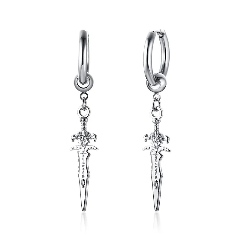 STAINLESS STEEL SWORD HUGGIE HOOPS EARRINGS