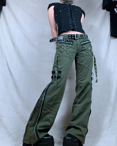 Retro Bandage  Green Zipper Women Jeans