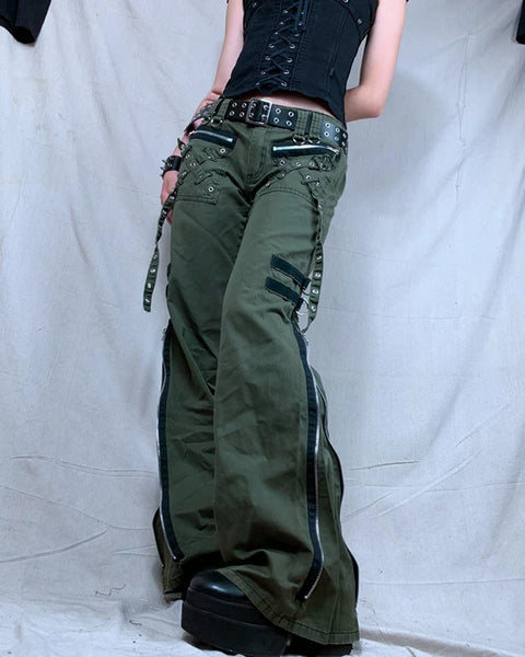 Retro Bandage  Green Zipper Women Jeans