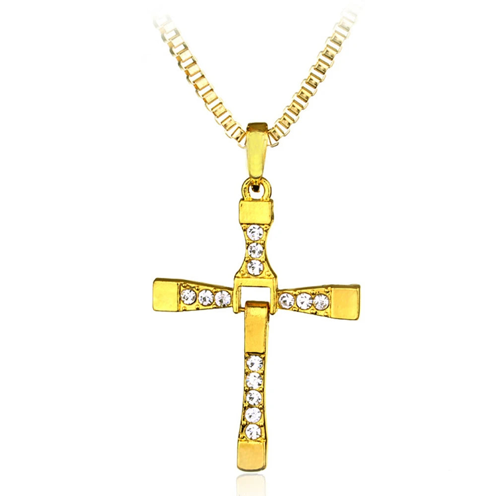 Classic Rhinestone  Men Crystal Jesus Cross 60cm Necklace