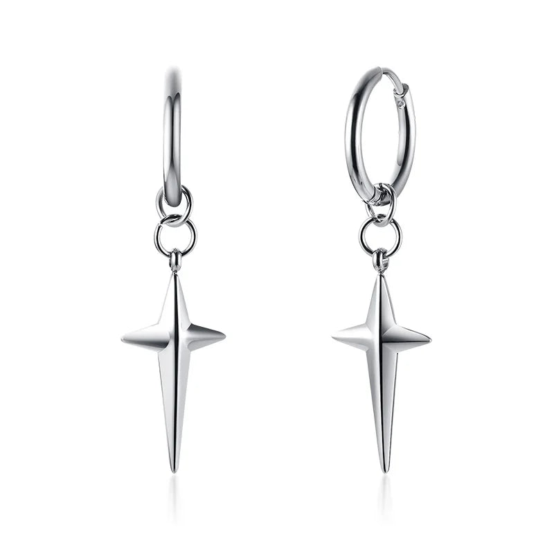 STAINLESS STEEL SWORD HUGGIE HOOPS EARRINGS