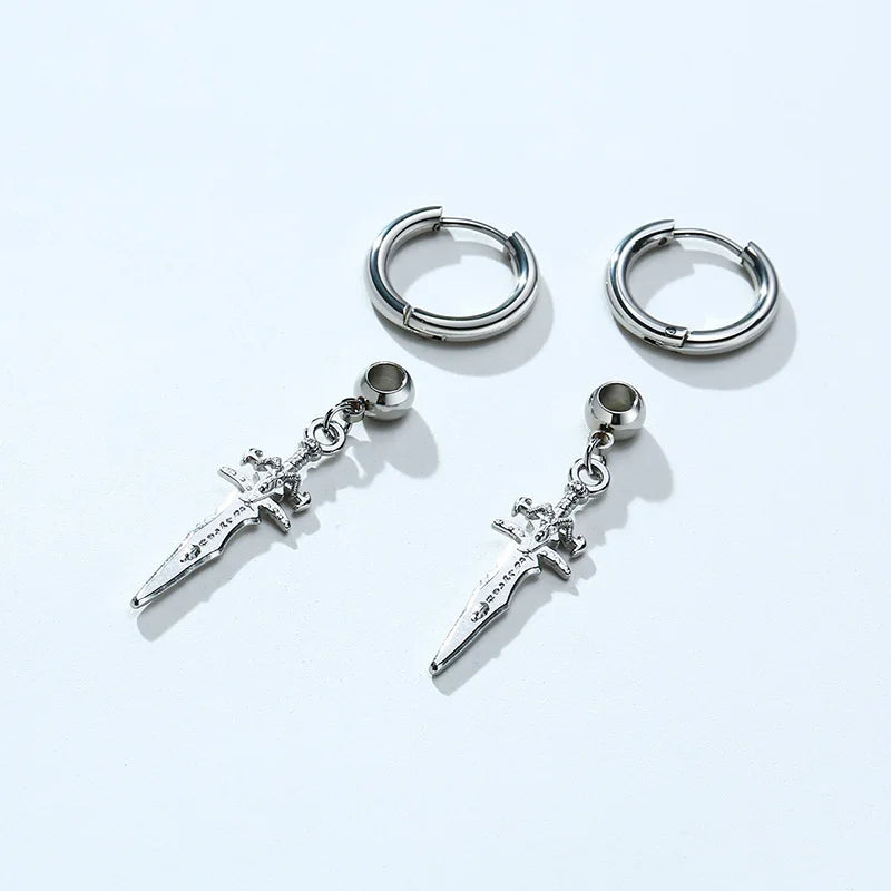 STAINLESS STEEL SWORD HUGGIE HOOPS EARRINGS