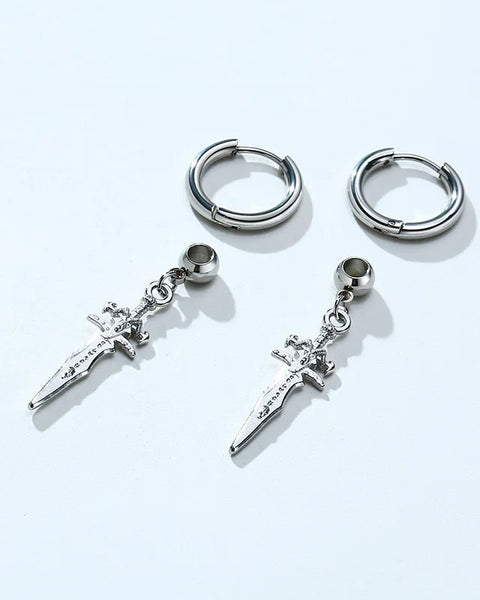 STAINLESS STEEL SWORD HUGGIE HOOPS EARRINGS