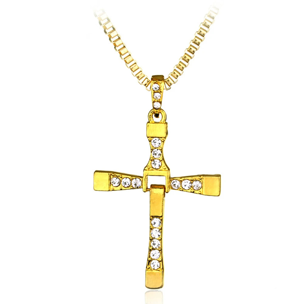 Classic Rhinestone  Men Crystal Jesus Cross 60cm Necklace