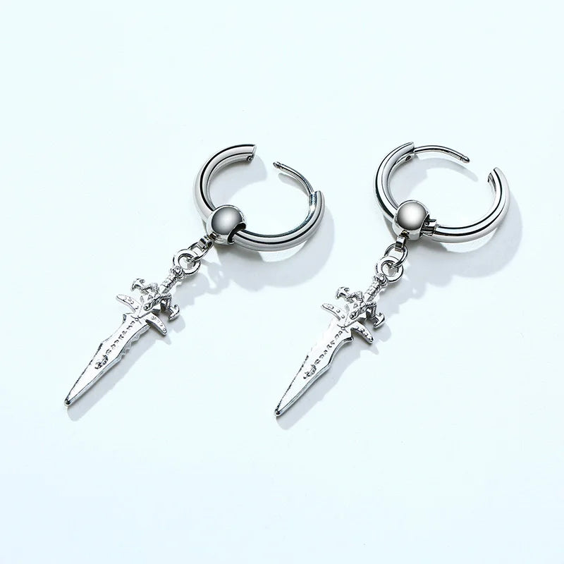 STAINLESS STEEL SWORD HUGGIE HOOPS EARRINGS