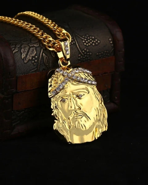 Vintage Christian Ice Crystal Jesus Head Pendant Necklace for Men and Women