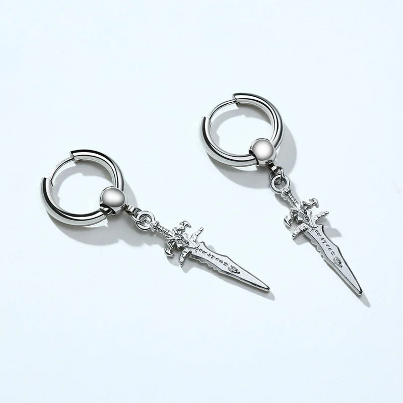 STAINLESS STEEL SWORD HUGGIE HOOPS EARRINGS