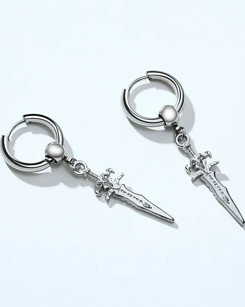 STAINLESS STEEL SWORD HUGGIE HOOPS EARRINGS