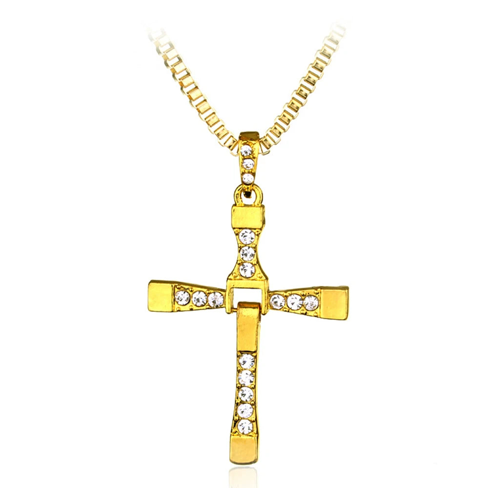 Classic Rhinestone  Men Crystal Jesus Cross 60cm Necklace