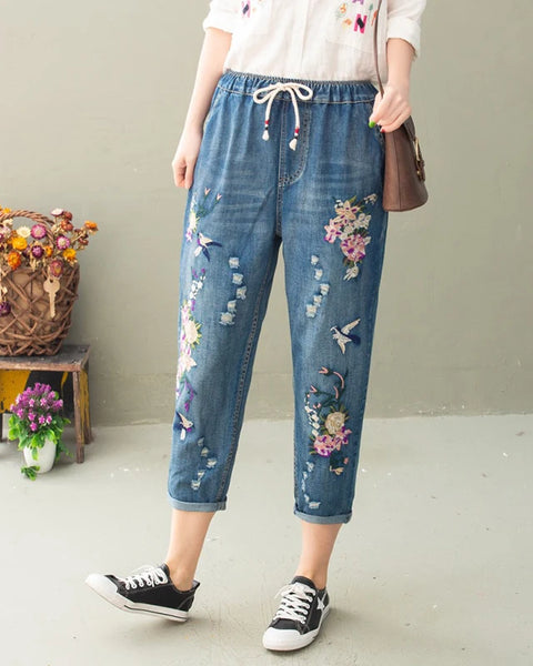 Women's Vintage Floral Loose Denim Pants