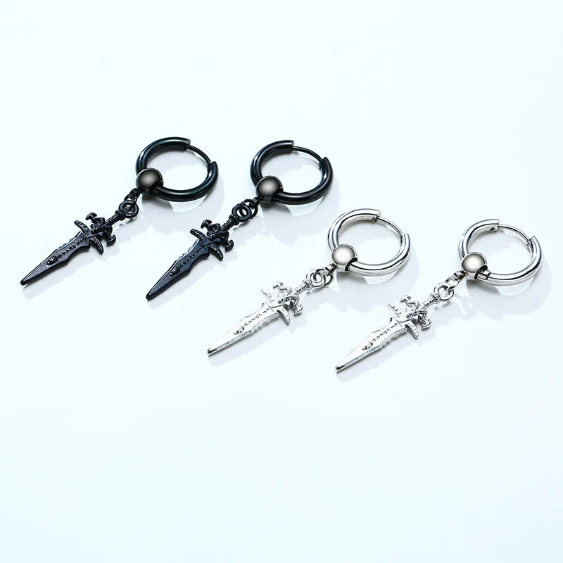 STAINLESS STEEL SWORD HUGGIE HOOPS EARRINGS