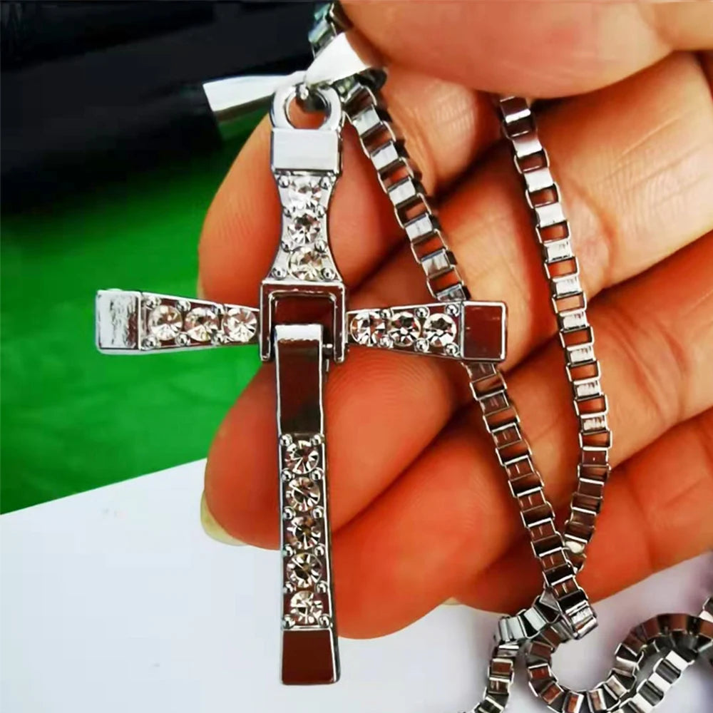 Classic Rhinestone  Men Crystal Jesus Cross 60cm Necklace