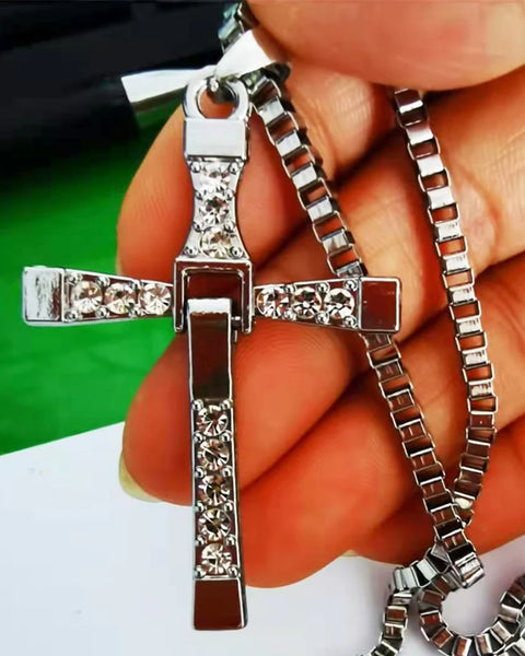 Classic Rhinestone  Men Crystal Jesus Cross 60cm Necklace