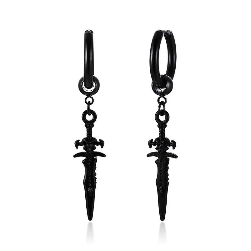 STAINLESS STEEL SWORD HUGGIE HOOPS EARRINGS