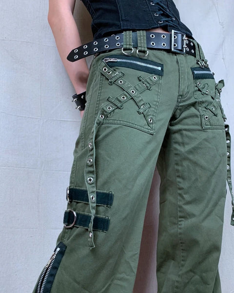 Retro Bandage  Green Zipper Women Jeans