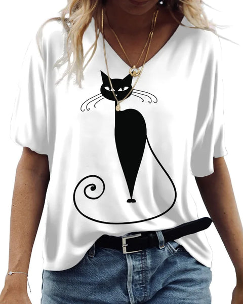 Cute Cats Graphics Print Short Sleeve Fashion Casual Tees