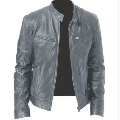 Men's PU Leather Jacket Stand Neck Zipper Slim Fit