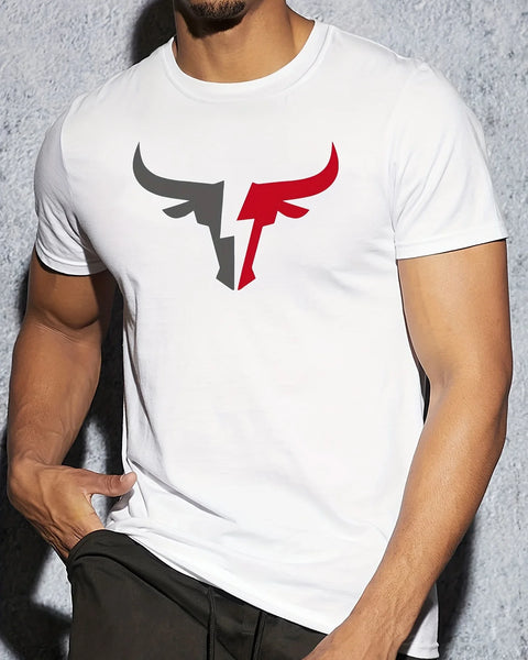 Summer men's 100% cotton comfortable casual loose fit plus size bull pattern print sports round neck short sleeved T-shirt top