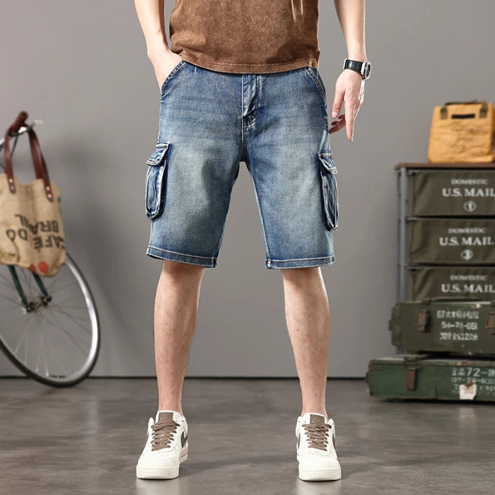 Summer new elastic American retro multi -pocket tools for denim shorts