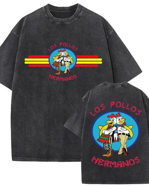 Summer men's and women's fashion water wash vintage retro Los Pollos Hermanos chicken pattern T-shirt casual loose top