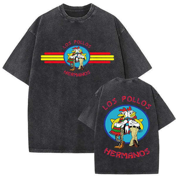 Summer men's and women's fashion water wash vintage retro Los Pollos Hermanos chicken pattern T-shirt casual loose top
