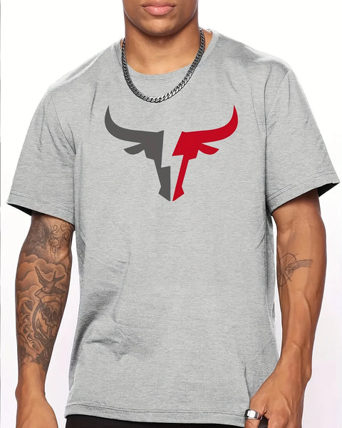 Summer men's 100% cotton comfortable casual loose fit plus size bull pattern print sports round neck short sleeved T-shirt top