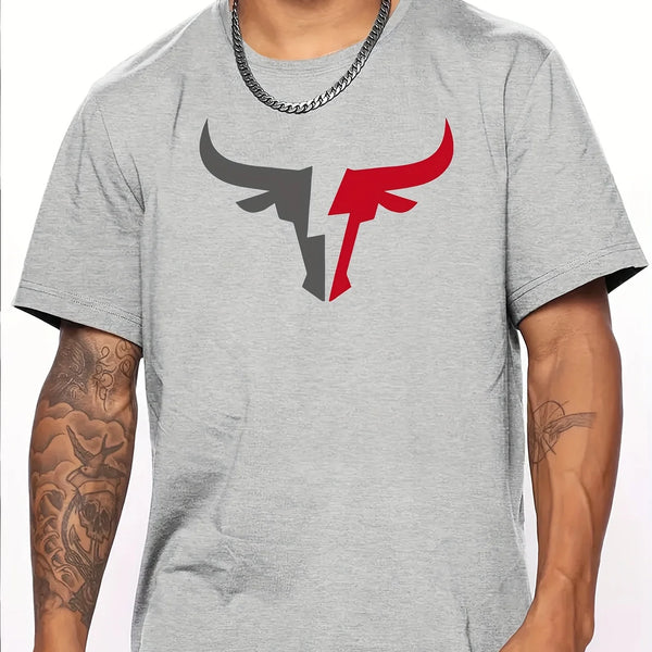 Summer men's 100% cotton comfortable casual loose fit plus size bull pattern print sports round neck short sleeved T-shirt top