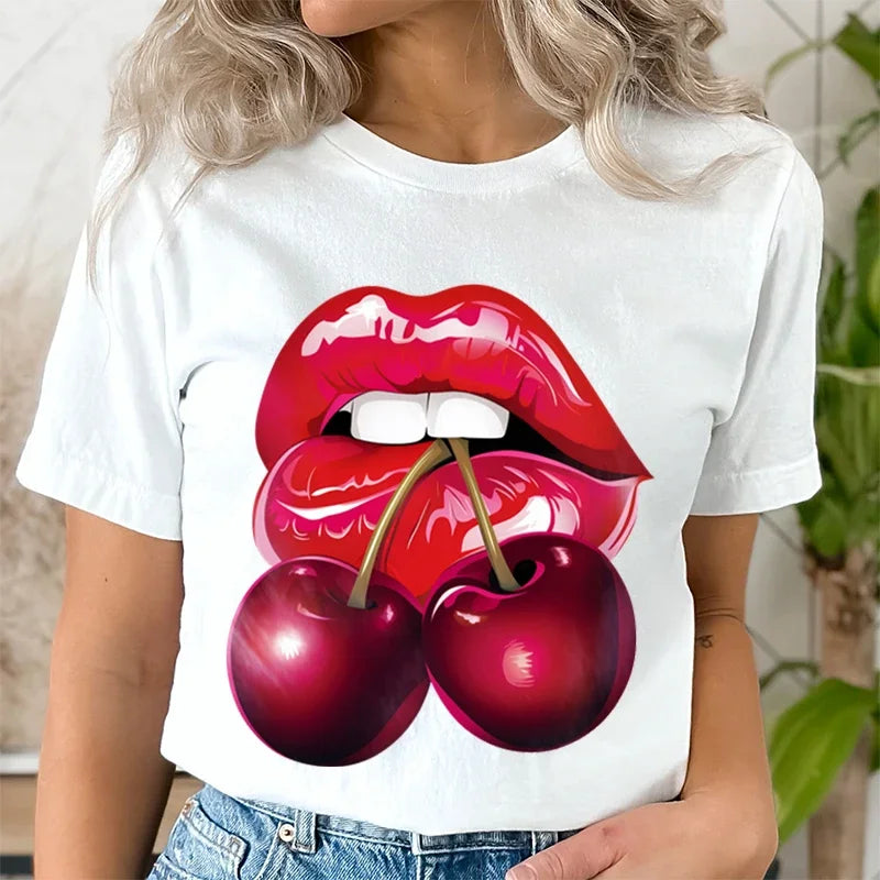 Summer Clothing LIPS CHERRY Print T-Shirts Short Sleeve Ladies Casual Women Fashion Graphic Tee