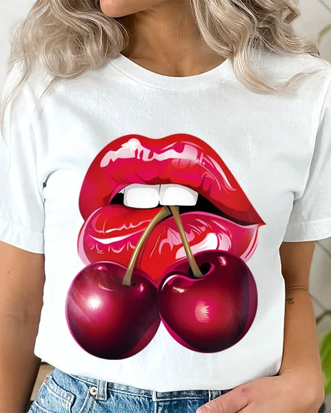 Summer Clothing LIPS CHERRY Print T-Shirts Short Sleeve Ladies Casual Women Fashion Graphic Tee