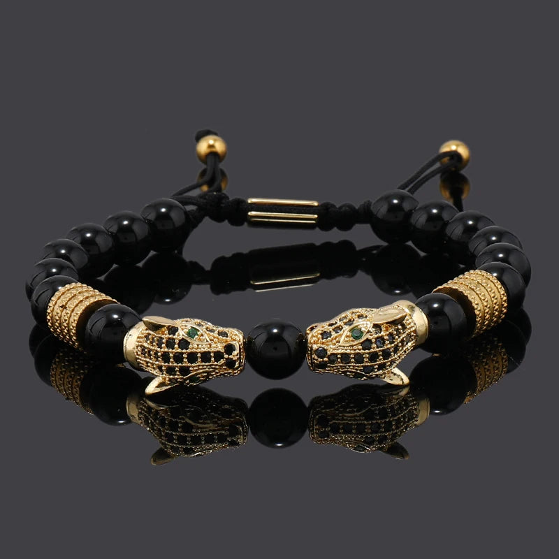 Luxury Black Stone Beads Man Bracelet Leopard Head Charms Women Bracelets